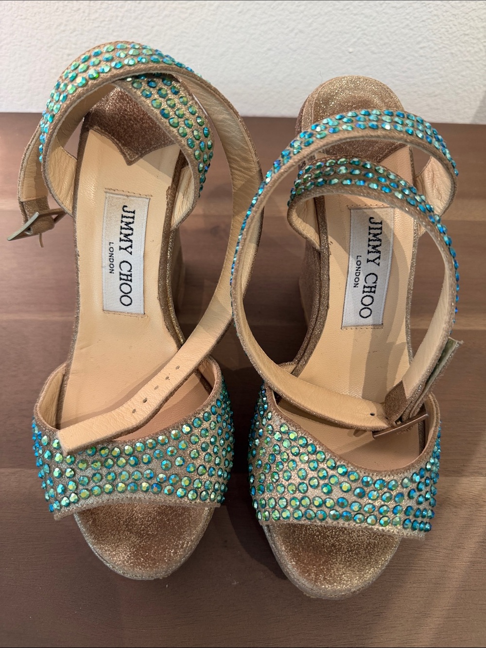 Jimmy Choo Gold Heeled Sandals with Aqua Crystal Accents VINTAGE